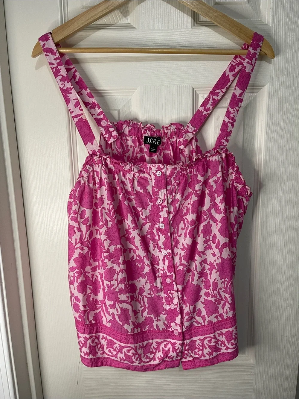 J Crew Preppy Pink Button-front Tank Tiny Rosebud Floral Ruffle lightweight LG.